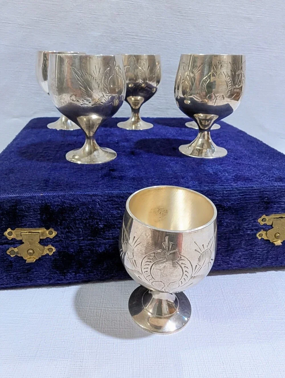 Vintage EPNS Silver Plated Engraved Cordial Goblets -Set of 6- in Original Case